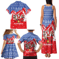 Slovakia Christmas Family Matching Tank Maxi Dress and Hawaiian Shirt with Santa and Dancers by Campfire Snowy Mountains and Red Blue Snowflake Pattern Design - Wonder Print Shop
