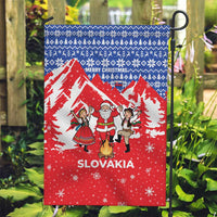 Slovakia Christmas Garden Flag with Santa and Dancers by Campfire Snowy Mountains and Red Blue Snowflake Pattern Design - Wonder Print Shop