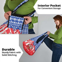 Slovakia Christmas Grocery Bag with Santa and Dancers by Campfire Snowy Mountains and Red Blue Snowflake Pattern Design - Wonder Print Shop