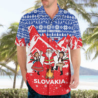 Slovakia Christmas Hawaiian Shirt with Santa and Dancers by Campfire Snowy Mountains and Red Blue Snowflake Pattern Design - Wonder Print Shop