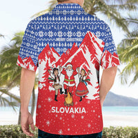 Slovakia Christmas Hawaiian Shirt with Santa and Dancers by Campfire Snowy Mountains and Red Blue Snowflake Pattern Design - Wonder Print Shop