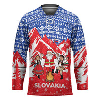 Slovakia Christmas Hockey Jersey with Santa and Dancers by Campfire Snowy Mountains and Red Blue Snowflake Pattern Design - Wonder Print Shop