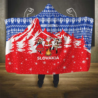 Slovakia Christmas Hooded Blanket with Santa and Dancers by Campfire Snowy Mountains and Red Blue Snowflake Pattern Design - Wonder Print Shop