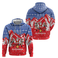 Slovakia Christmas Hoodie with Santa and Dancers by Campfire Snowy Mountains and Red Blue Snowflake Pattern Design - Wonder Print Shop