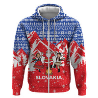 Slovakia Christmas Hoodie with Santa and Dancers by Campfire Snowy Mountains and Red Blue Snowflake Pattern Design - Wonder Print Shop