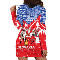 Slovakia Christmas Hoodie Dress with Santa and Dancers by Campfire Snowy Mountains and Red Blue Snowflake Pattern Design - Wonder Print Shop