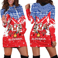 Slovakia Christmas Hoodie Dress with Santa and Dancers by Campfire Snowy Mountains and Red Blue Snowflake Pattern Design - Wonder Print Shop