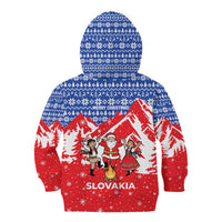 Slovakia Christmas Kid Hoodie with Santa and Dancers by Campfire Snowy Mountains and Red Blue Snowflake Pattern Design - Wonder Print Shop