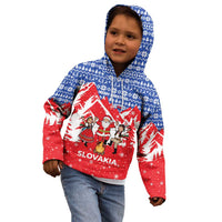 Slovakia Christmas Kid Hoodie with Santa and Dancers by Campfire Snowy Mountains and Red Blue Snowflake Pattern Design - Wonder Print Shop