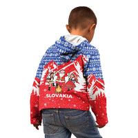 Slovakia Christmas Kid Hoodie with Santa and Dancers by Campfire Snowy Mountains and Red Blue Snowflake Pattern Design - Wonder Print Shop