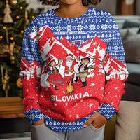 Slovakia Christmas Kid Ugly Christmas Sweater with Santa and Dancers by Campfire Snowy Mountains and Red Blue Snowflake Pattern Design - Wonder Print Shop