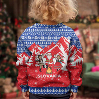 Slovakia Christmas Kid Ugly Christmas Sweater with Santa and Dancers by Campfire Snowy Mountains and Red Blue Snowflake Pattern Design - Wonder Print Shop