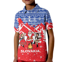 Slovakia Christmas Kid Polo Shirt with Santa and Dancers by Campfire Snowy Mountains and Red Blue Snowflake Pattern Design - Wonder Print Shop