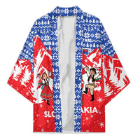 Slovakia Christmas Kimono with Santa and Dancers by Campfire Snowy Mountains and Red Blue Snowflake Pattern Design - Wonder Print Shop