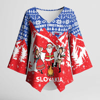 Slovakia Christmas Kimono Sleeve Blouse with Santa and Dancers by Campfire Snowy Mountains and Red Blue Snowflake Pattern Design - Wonder Print Shop
