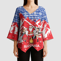 Slovakia Christmas Kimono Sleeve Blouse with Santa and Dancers by Campfire Snowy Mountains and Red Blue Snowflake Pattern Design - Wonder Print Shop