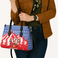Slovakia Christmas Leather Bag with Santa and Dancers by Campfire Snowy Mountains and Red Blue Snowflake Pattern Design - Wonder Print Shop