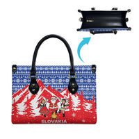 Slovakia Christmas Leather Bag with Santa and Dancers by Campfire Snowy Mountains and Red Blue Snowflake Pattern Design - Wonder Print Shop