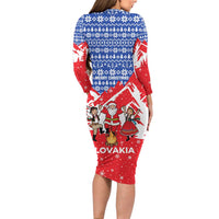 Slovakia Christmas Long Sleeve Bodycon Dress with Santa and Dancers by Campfire Snowy Mountains and Red Blue Snowflake Pattern Design - Wonder Print Shop