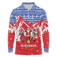 Slovakia Christmas Long Sleeve Polo Shirt with Santa and Dancers by Campfire Snowy Mountains and Red Blue Snowflake Pattern Design - Wonder Print Shop