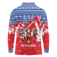 Slovakia Christmas Long Sleeve Polo Shirt with Santa and Dancers by Campfire Snowy Mountains and Red Blue Snowflake Pattern Design - Wonder Print Shop