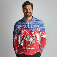 Slovakia Christmas Long Sleeve Polo Shirt with Santa and Dancers by Campfire Snowy Mountains and Red Blue Snowflake Pattern Design - Wonder Print Shop