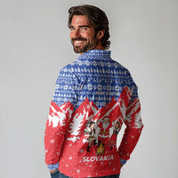 Slovakia Christmas Long Sleeve Polo Shirt with Santa and Dancers by Campfire Snowy Mountains and Red Blue Snowflake Pattern Design - Wonder Print Shop