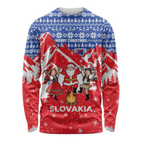 Slovakia Christmas Long Sleeve Shirt with Santa and Dancers by Campfire Snowy Mountains and Red Blue Snowflake Pattern Design - Wonder Print Shop