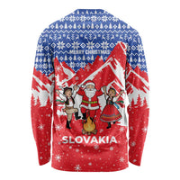 Slovakia Christmas Long Sleeve Shirt with Santa and Dancers by Campfire Snowy Mountains and Red Blue Snowflake Pattern Design - Wonder Print Shop