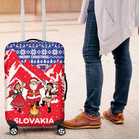 Slovakia Christmas Luggage Cover with Santa and Dancers by Campfire Snowy Mountains and Red Blue Snowflake Pattern Design - Wonder Print Shop