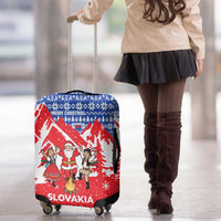 Slovakia Christmas Luggage Cover with Santa and Dancers by Campfire Snowy Mountains and Red Blue Snowflake Pattern Design - Wonder Print Shop