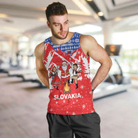 Slovakia Christmas Men Tank Top with Santa and Dancers by Campfire Snowy Mountains and Red Blue Snowflake Pattern Design - Wonder Print Shop