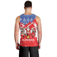 Slovakia Christmas Men Tank Top with Santa and Dancers by Campfire Snowy Mountains and Red Blue Snowflake Pattern Design - Wonder Print Shop