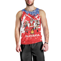 Slovakia Christmas Men Tank Top with Santa and Dancers by Campfire Snowy Mountains and Red Blue Snowflake Pattern Design - Wonder Print Shop