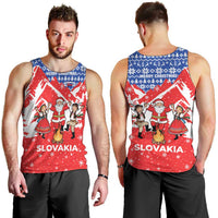 Slovakia Christmas Men Tank Top with Santa and Dancers by Campfire Snowy Mountains and Red Blue Snowflake Pattern Design - Wonder Print Shop