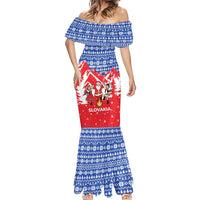 Slovakia Christmas Mermaid Dress with Santa and Dancers by Campfire Snowy Mountains and Red Blue Snowflake Pattern Design - Wonder Print Shop