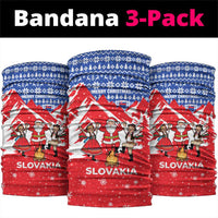 Slovakia Christmas Neck Gaiter with Santa and Dancers by Campfire Snowy Mountains and Red Blue Snowflake Pattern Design - Wonder Print Shop