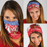 Slovakia Christmas Neck Gaiter with Santa and Dancers by Campfire Snowy Mountains and Red Blue Snowflake Pattern Design - Wonder Print Shop