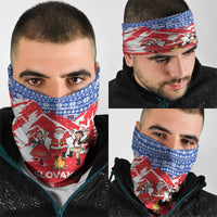 Slovakia Christmas Neck Gaiter with Santa and Dancers by Campfire Snowy Mountains and Red Blue Snowflake Pattern Design - Wonder Print Shop