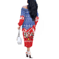 Slovakia Christmas Off The Shoulder Long Sleeve Dress with Santa and Dancers by Campfire Snowy Mountains and Red Blue Snowflake Pattern Design - Wonder Print Shop