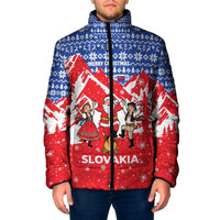 Slovakia Christmas Padded Jacket with Santa and Dancers by Campfire Snowy Mountains and Red Blue Snowflake Pattern Design - Wonder Print Shop