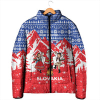 Slovakia Christmas Padded Jacket with Santa and Dancers by Campfire Snowy Mountains and Red Blue Snowflake Pattern Design - Wonder Print Shop