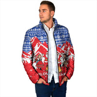 Slovakia Christmas Padded Jacket with Santa and Dancers by Campfire Snowy Mountains and Red Blue Snowflake Pattern Design - Wonder Print Shop