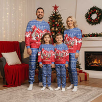 Slovakia Christmas Pajama Set with Santa and Dancers by Campfire Snowy Mountains and Red Blue Snowflake Pattern Design - Wonder Print Shop