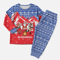 Slovakia Christmas Pajama Set with Santa and Dancers by Campfire Snowy Mountains and Red Blue Snowflake Pattern Design - Wonder Print Shop