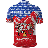 Slovakia Christmas Polo Shirt with Santa and Dancers by Campfire Snowy Mountains and Red Blue Snowflake Pattern Design - Wonder Print Shop