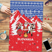 Slovakia Christmas Puzzle with Santa and Dancers by Campfire Snowy Mountains and Red Blue Snowflake Pattern Design - Wonder Print Shop