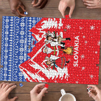 Slovakia Christmas Puzzle with Santa and Dancers by Campfire Snowy Mountains and Red Blue Snowflake Pattern Design - Wonder Print Shop