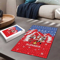 Slovakia Christmas Puzzle with Santa and Dancers by Campfire Snowy Mountains and Red Blue Snowflake Pattern Design - Wonder Print Shop