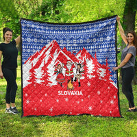 Slovakia Christmas Quilt with Santa and Dancers by Campfire Snowy Mountains and Red Blue Snowflake Pattern Design - Wonder Print Shop
